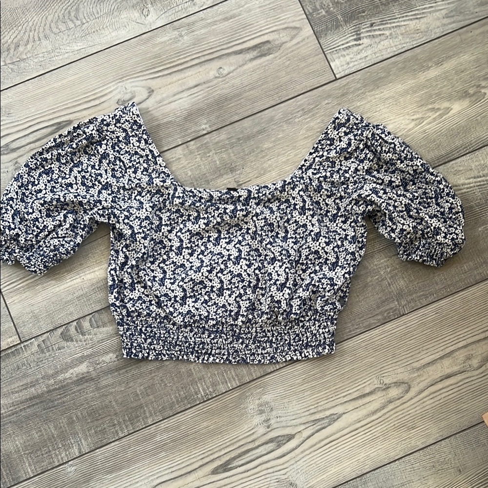 Roxy Black and White Smocked Crop Blouse